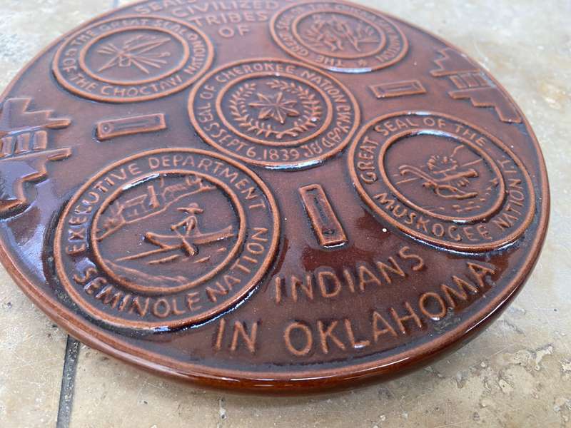 Frankoma Pottery Seals of Five Civilized Tribes of Indians in Oklahoma brown trivet