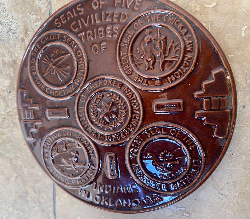 Frankoma Pottery Seals of Five Civilized Tribes of Indians in Oklahoma brown trivet