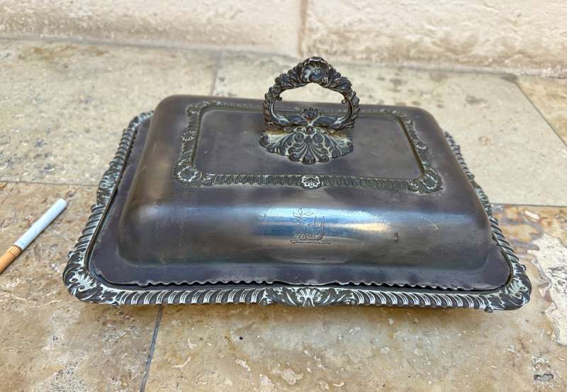 Antique silver plated entree dish covered vegetable dish Gadroon border