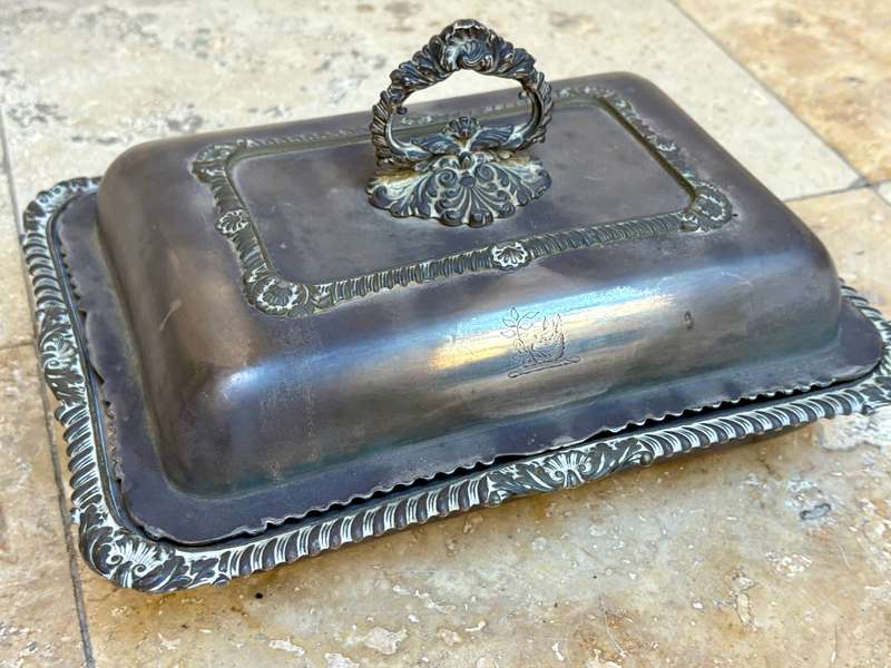 Antique silver plated entree dish covered vegetable dish Gadroon border