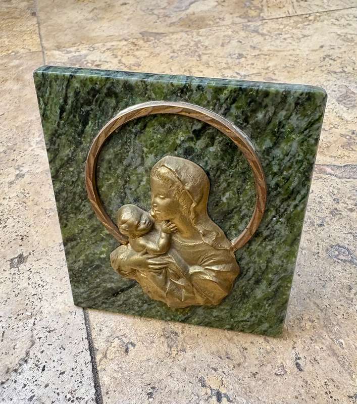 Vintage brass Virgin mother Christ  plaque on marble desktop art