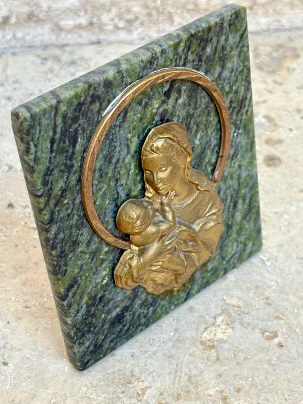 Vintage brass Virgin mother Christ  plaque on marble desktop art