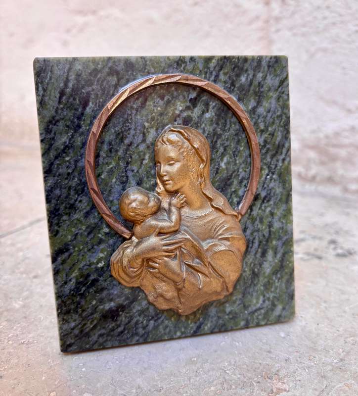 Vintage brass Virgin mother Christ  plaque on marble desktop art