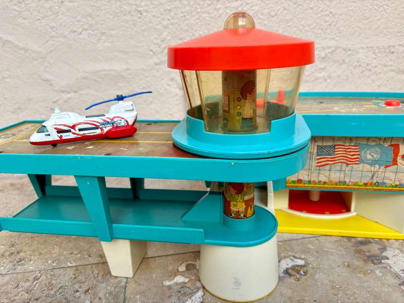 Vintage fisher price airport with old diecast transporter helicopter tlc