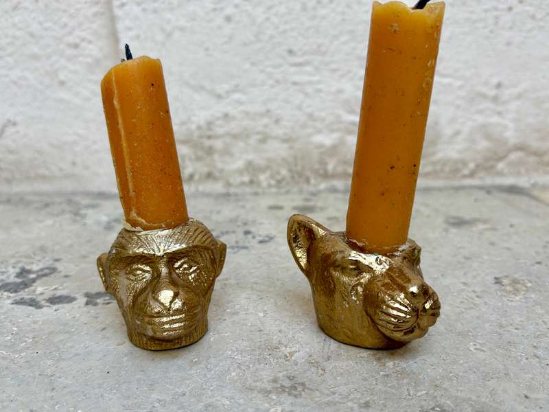 Vintage baboon and wild cat candle holder pair brass tone