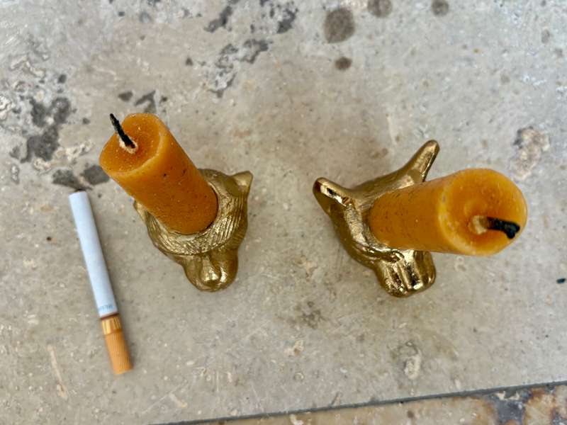 Vintage baboon and wild cat candle holder pair brass tone