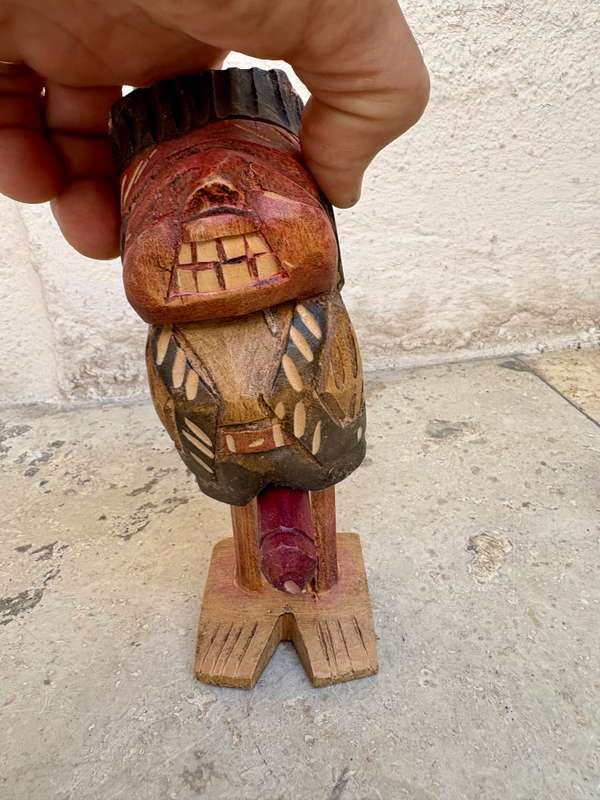 Hand crafted wooden indian totem figure flasher made in Chile , adult warning