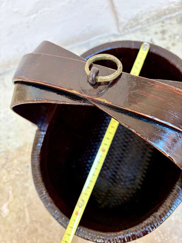 Antique  Asian woven rice gathering basket with bent wood handle