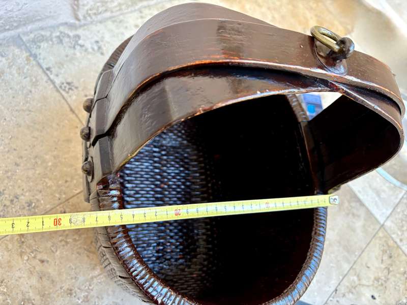 Antique  Asian woven rice gathering basket with bent wood handle