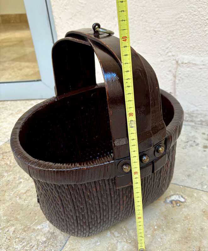 Antique  Asian woven rice gathering basket with bent wood handle
