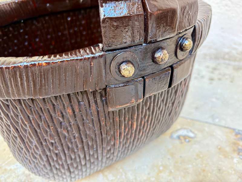 Antique  Asian woven rice gathering basket with bent wood handle