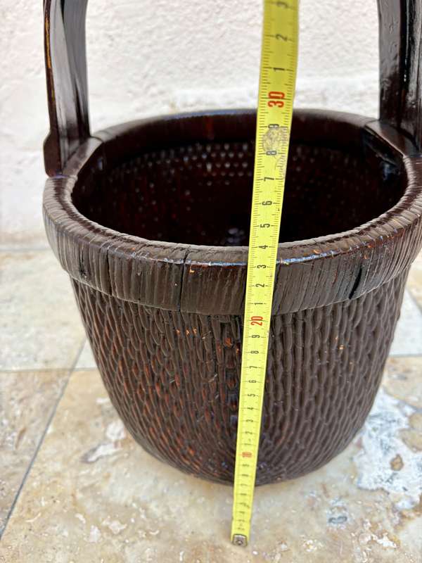 Antique  Asian woven rice gathering basket with bent wood handle