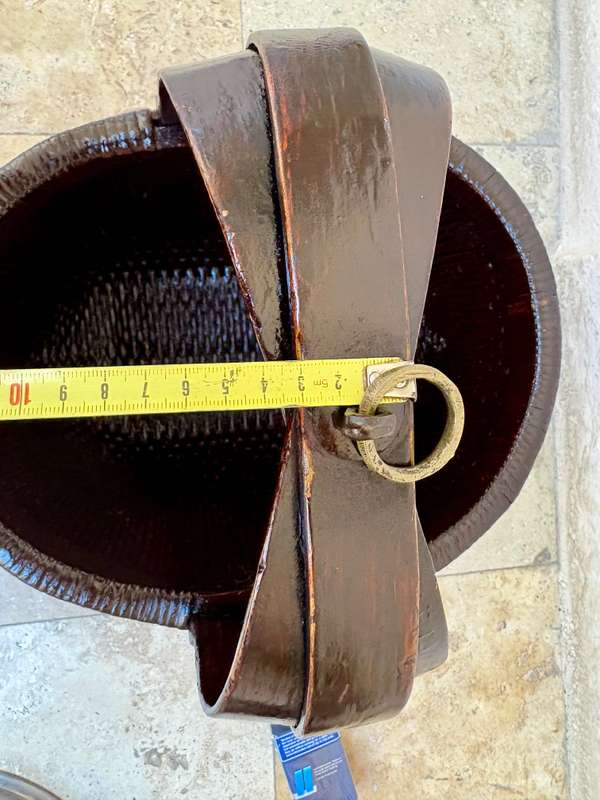 Antique  Asian woven rice gathering basket with bent wood handle