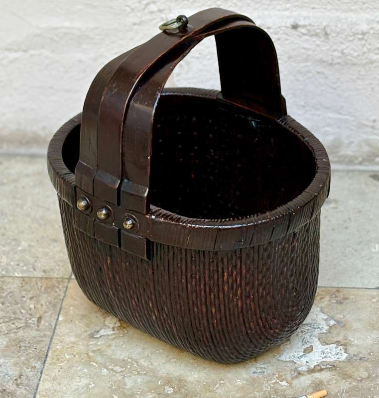 Antique  Asian woven rice gathering basket with bent wood handle