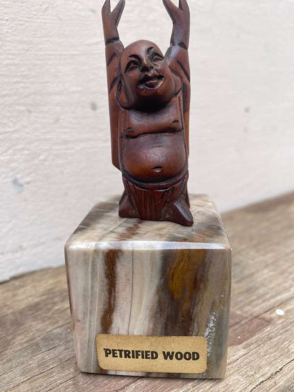 Small wood Buddha figure on petrified wood base pedestal cube