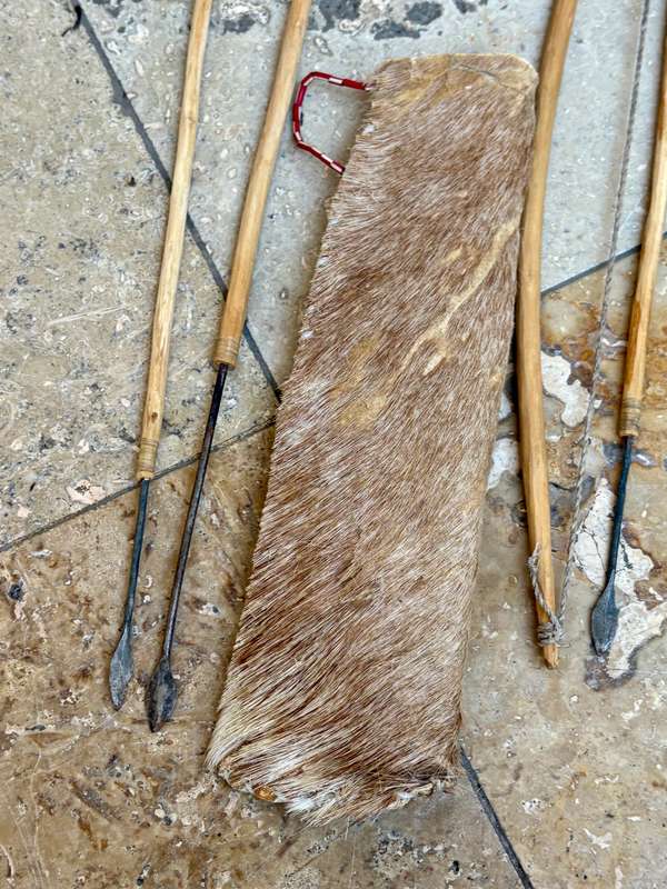African bow and arrow set with skin hide bag 3 arrows