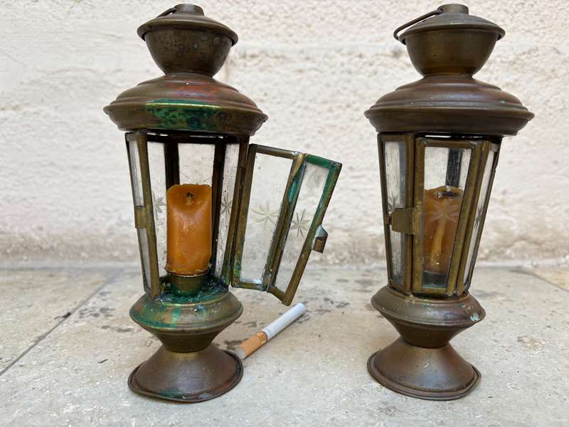 Vintage brass candle lantern pair