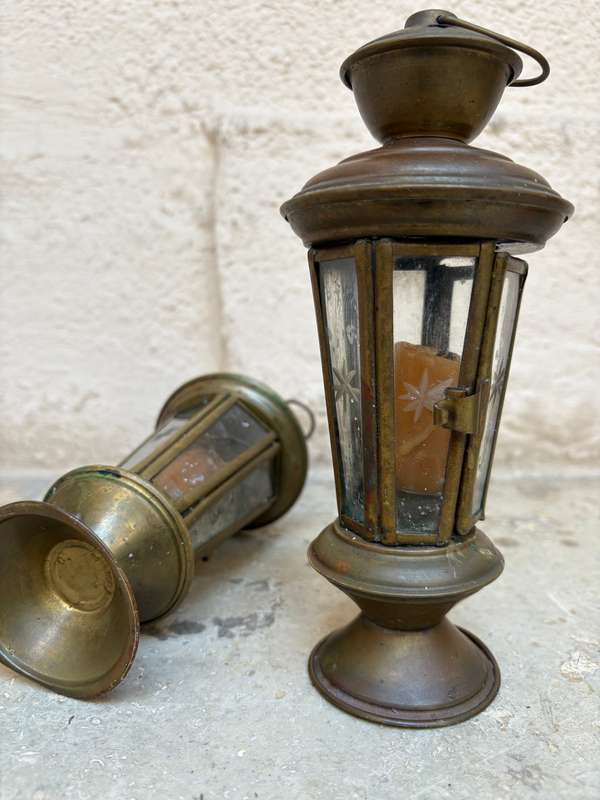 Vintage brass candle lantern pair