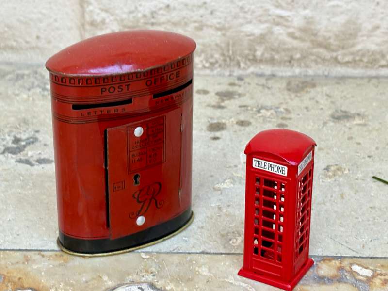 London telephone booth pencil sharpener die cast , with post box money box pair