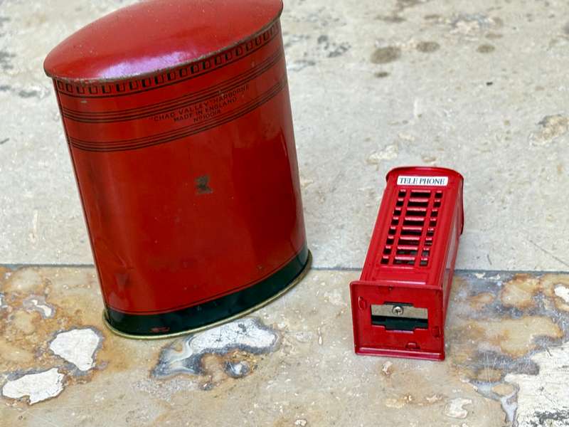 London telephone booth pencil sharpener die cast , with post box money box pair