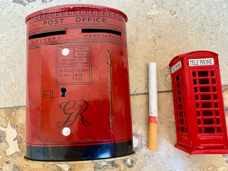 London telephone booth pencil sharpener die cast , with post box money box pair