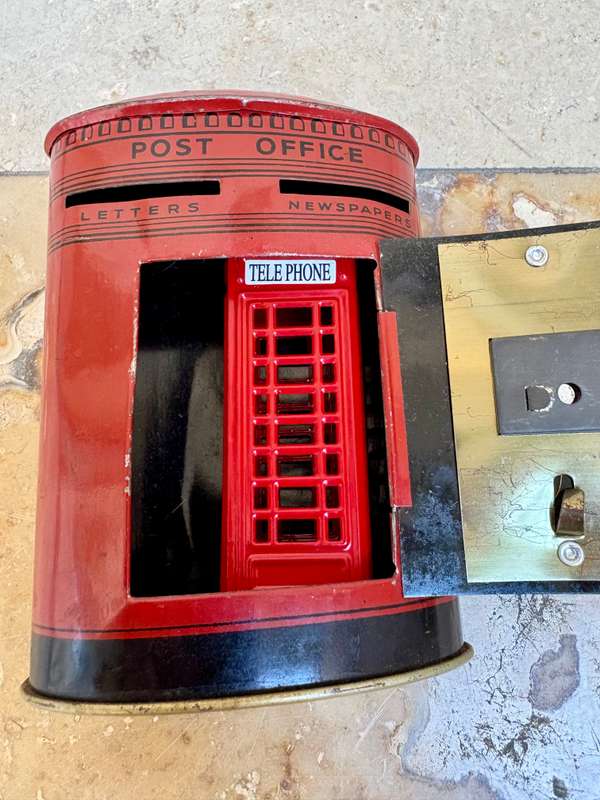 London telephone booth pencil sharpener die cast , with post box money box pair