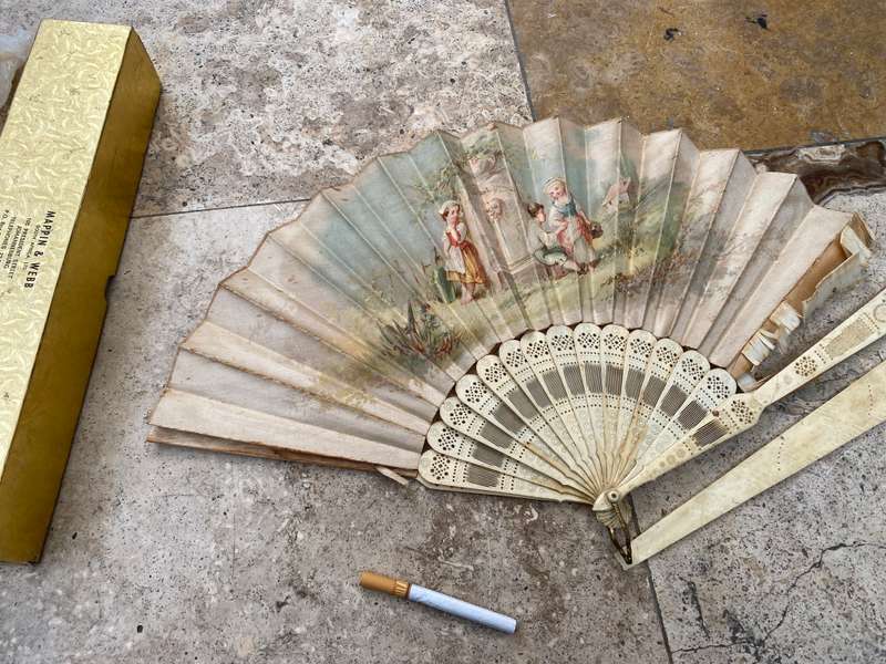 Antique hand fan carved bone and paper tlc , sold as spares