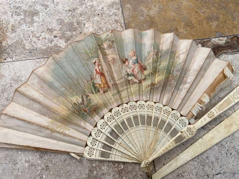 Antique hand fan carved bone and paper tlc , sold as spares