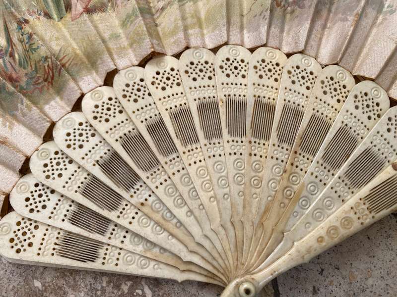Antique hand fan carved bone and paper tlc , sold as spares