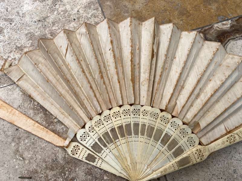 Antique hand fan carved bone and paper tlc , sold as spares