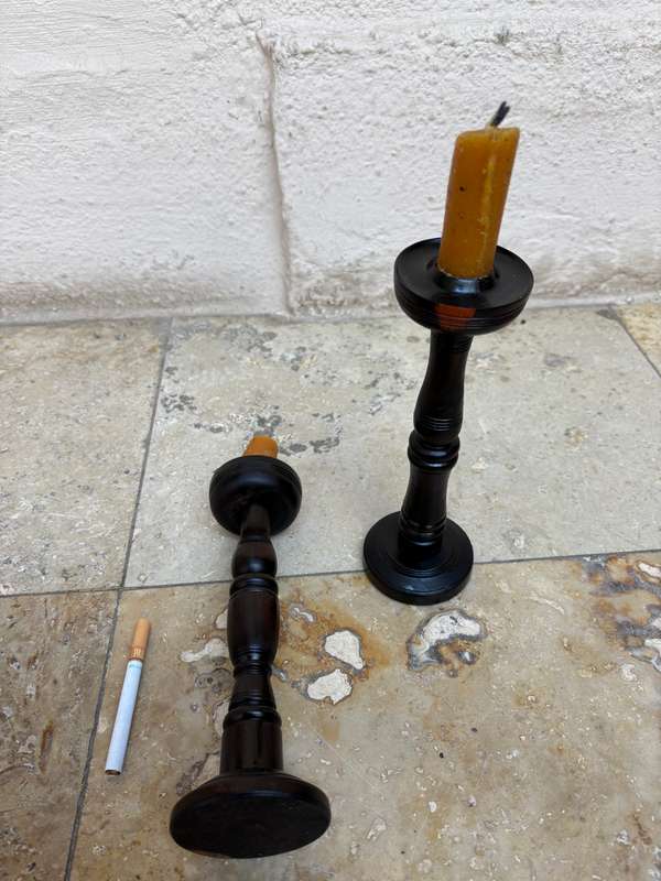 Vintage wood candlestick holder pair treen Blackwood