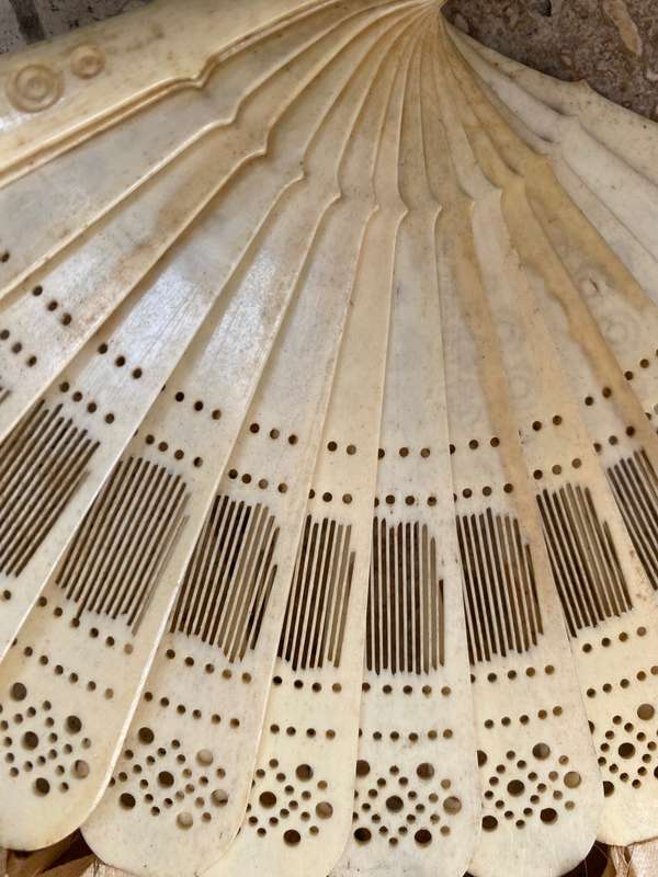 Antique hand fan carved bone and paper tlc , sold as spares