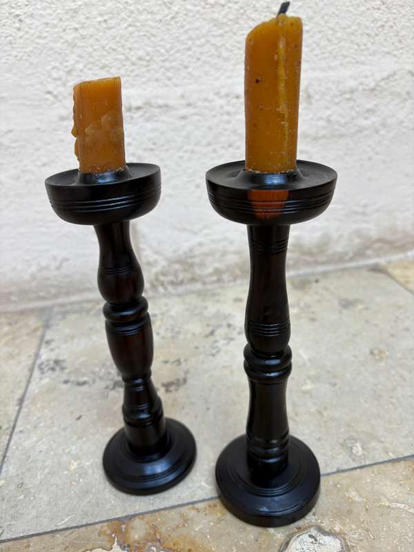 Vintage wood candlestick holder pair treen Blackwood