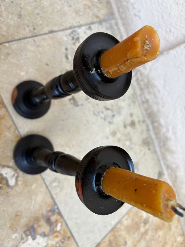 Vintage wood candlestick holder pair treen Blackwood