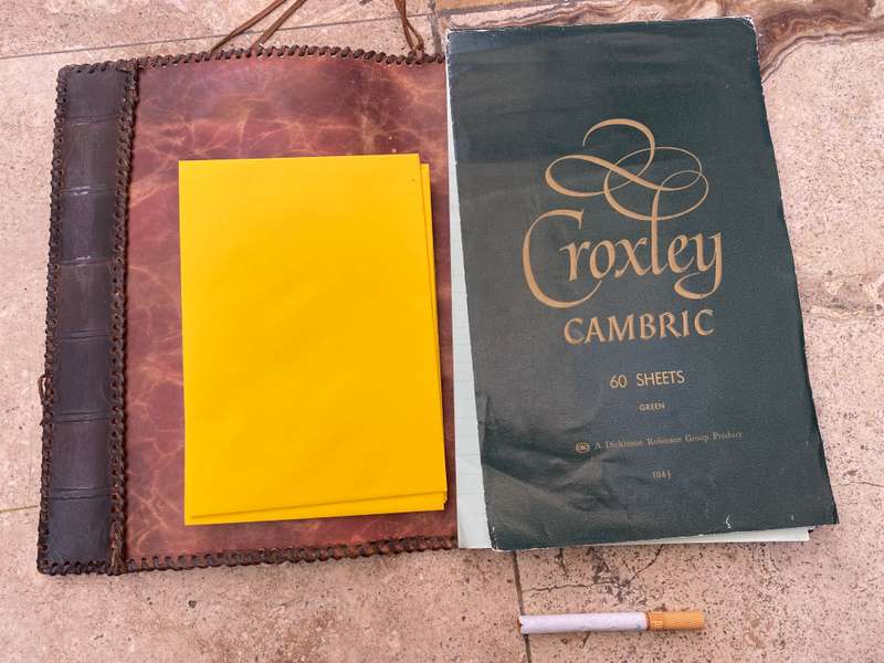 Vintage leather journal cover with Croxley Cambric writing paper and envelopes