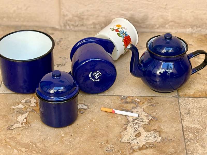 Vintage blue enamel coffee set made in Poland