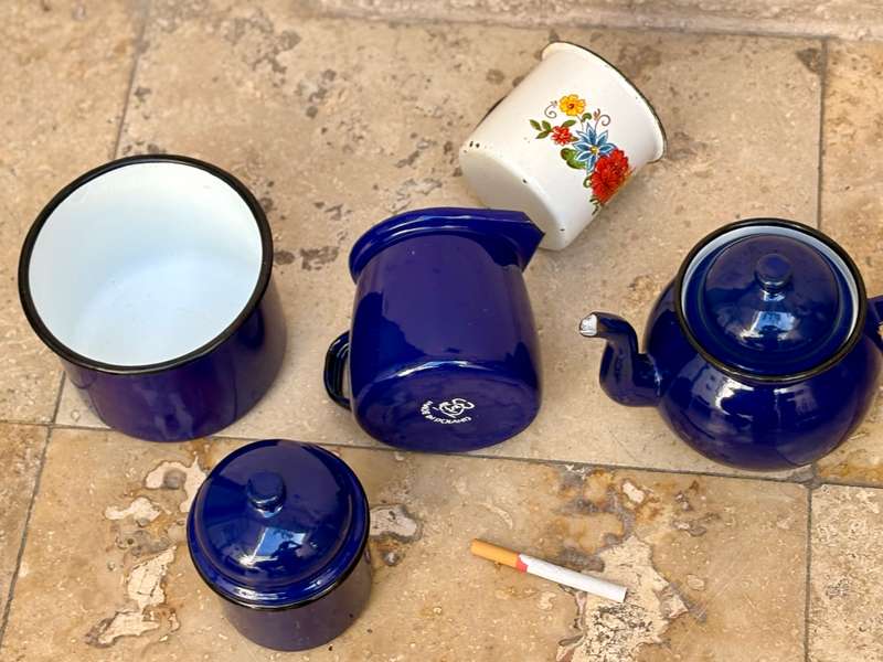 Vintage blue enamel coffee set made in Poland