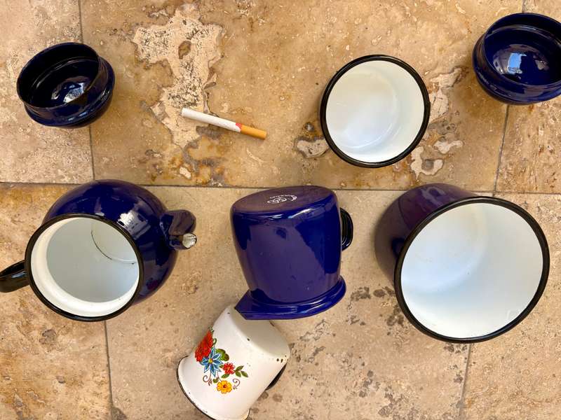 Vintage blue enamel coffee set made in Poland