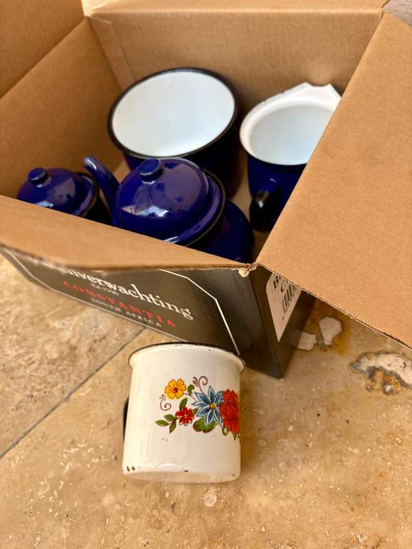 Vintage blue enamel coffee set made in Poland