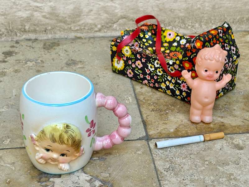 Vintage baby porcelain coffee mug Inarco ,  small kewpie doll Hong Kong pvc lot