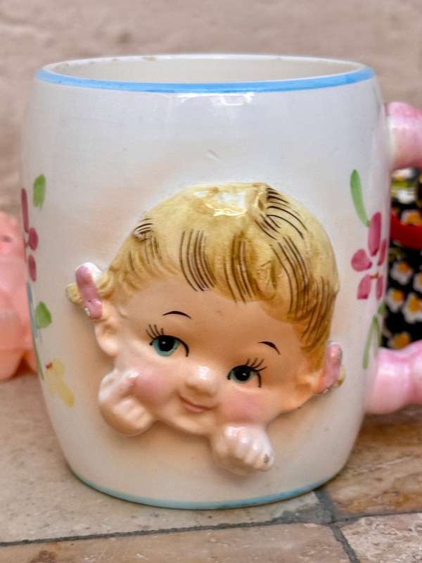 Vintage baby porcelain coffee mug Inarco ,  small kewpie doll Hong Kong pvc lot