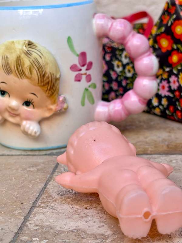 Vintage baby porcelain coffee mug Inarco ,  small kewpie doll Hong Kong pvc lot