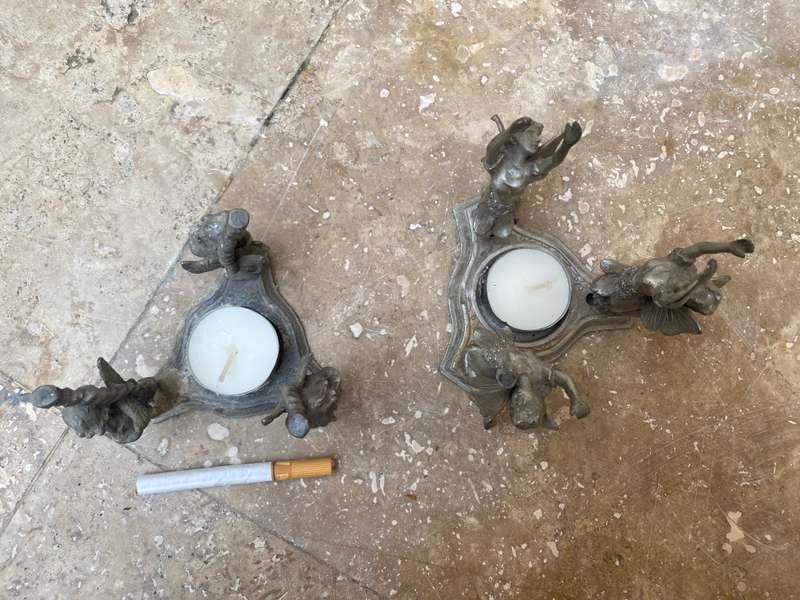 Vintage 3 angels cherubs fairies  Pewter tea light candle holder pair Taiwan
