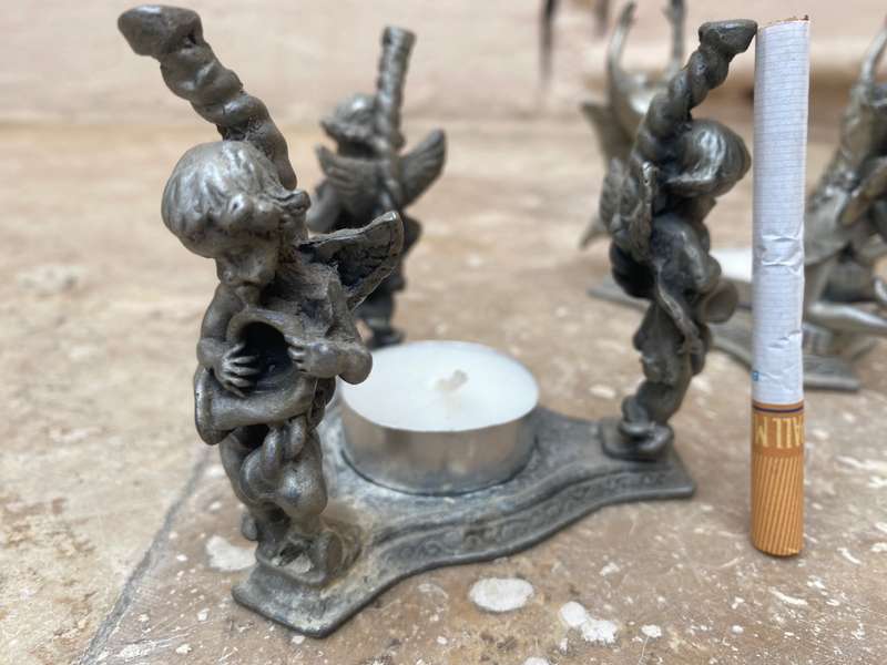 Vintage 3 angels cherubs fairies  Pewter tea light candle holder pair Taiwan