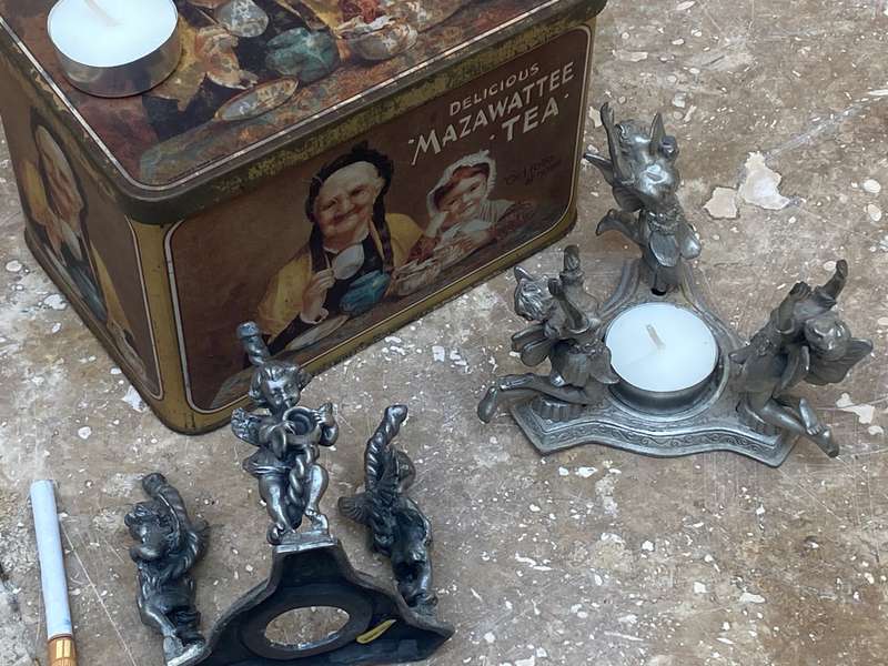 Vintage 3 angels cherubs fairies  Pewter tea light candle holder pair Taiwan