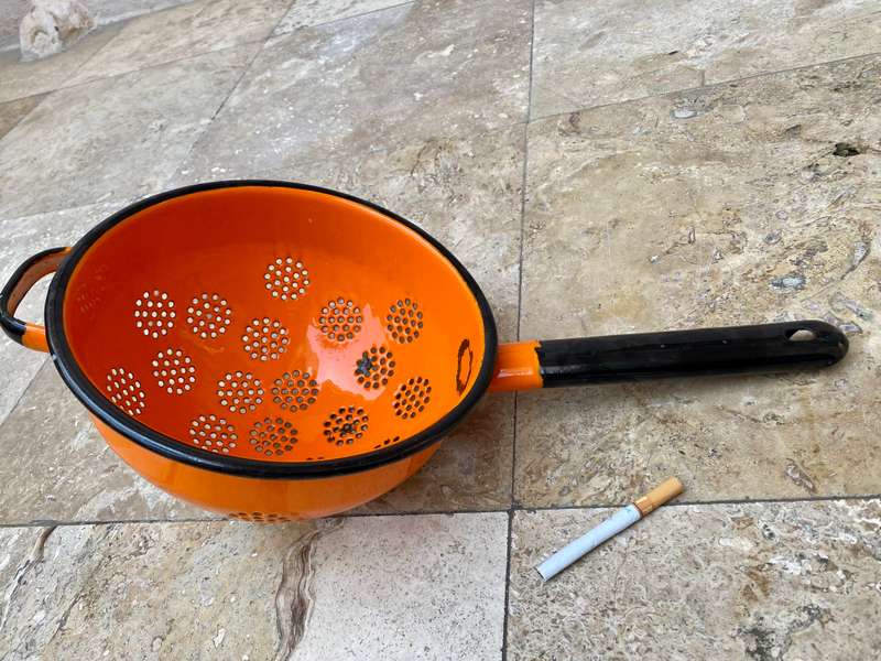 Vintage enamelled enamel strainer orange POLAND