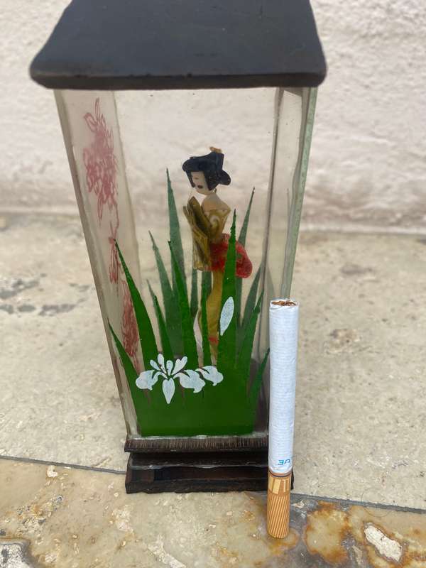 Vintage geisha doll in Perspex glass case with wooden roof