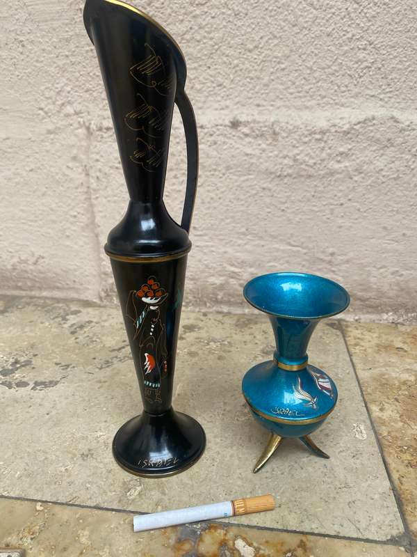 Vintage Israel brass pitcher and vase pair enamel hand painted