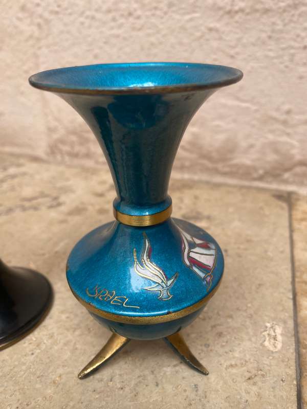Vintage Israel brass pitcher and vase pair enamel hand painted