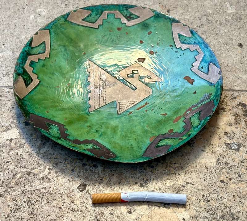 Vintage copper green  enamelled wall plate art with brass detail